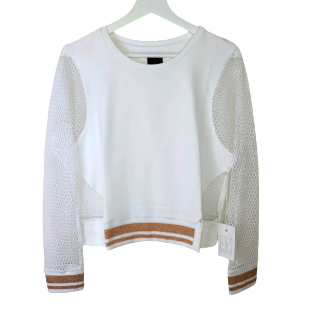NWT Lime & Vine IONE Mesh Long Sleeve Pullover with Rose Gold Accent WHITE